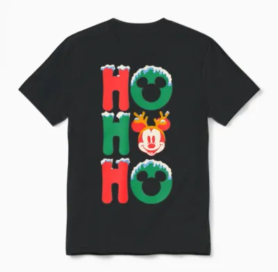 Amazon Essentials Men's Mickey Mouse Ho Ho Ho Snowy Christmas Antlers T-Shirt, Black Graphic Print, Small Unisex T-Shirt - Black