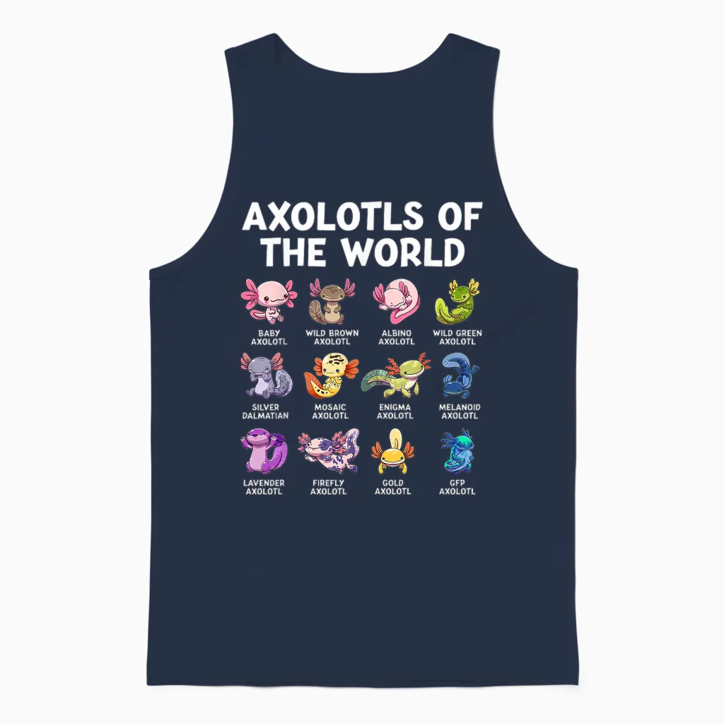Axolotls the World Kawaii Species of Axolotl Fish Amphibian T-Shirt, Black Unisex Tank Top in Navy