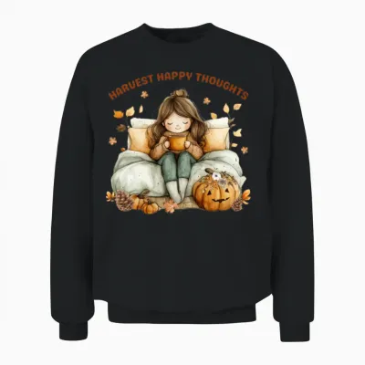 Harvest Cozy Autumn Girl Illustration Unisex Sweatshirt - Black