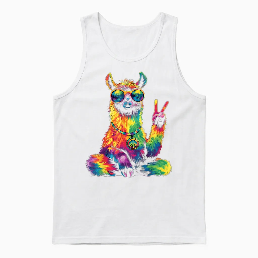Hippie Peace Lama 70s Theme Party Costume T-Shirt, Black, S Unisex Tank Top in White