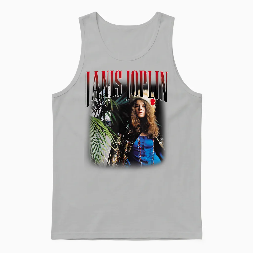 Janis Joplin Baron Homage 60s Rock T-Shirt, Black Unisex Tank Top in Ash