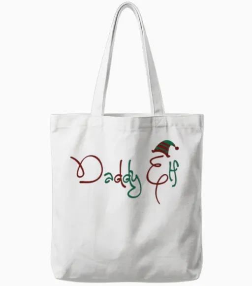 Daddy Elf Christmas Typography Custom Color Tote Bags in White