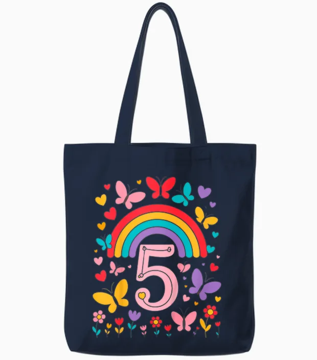 Kinder Children's Birthday 5 Girls Rainbow Fairy Fifth 5 Years Old Tote Bags in Navy
