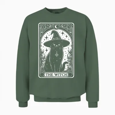 The Witch Cat Halloween Vintage Gothic Tarot Card T-Shirt, Black Unisex Sweatshirt - Military Green