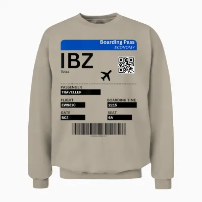 Boarding Pass Ibiza Ibz Flight Ticket Ibiza T-Shirt, Gray Unisex Sweatshirt - Sand