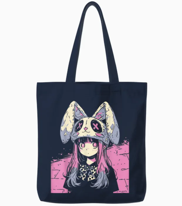 Horror Anime Manga Bunny Japan Japanese Creepy Kawaii Goth Tote Bags in Navy