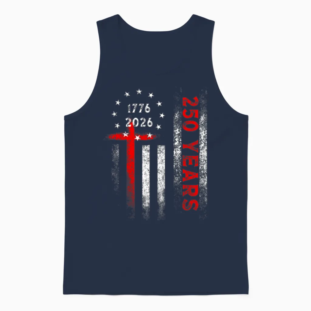 Flag Cross 250 Years Faith and Freedom Flag Cross Unisex Tank Top in Navy