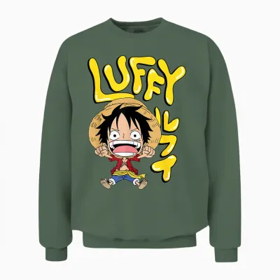 One Piece Anime Luffy Chibi with Bubble Letters Unisex Sweatshirt - Military Green