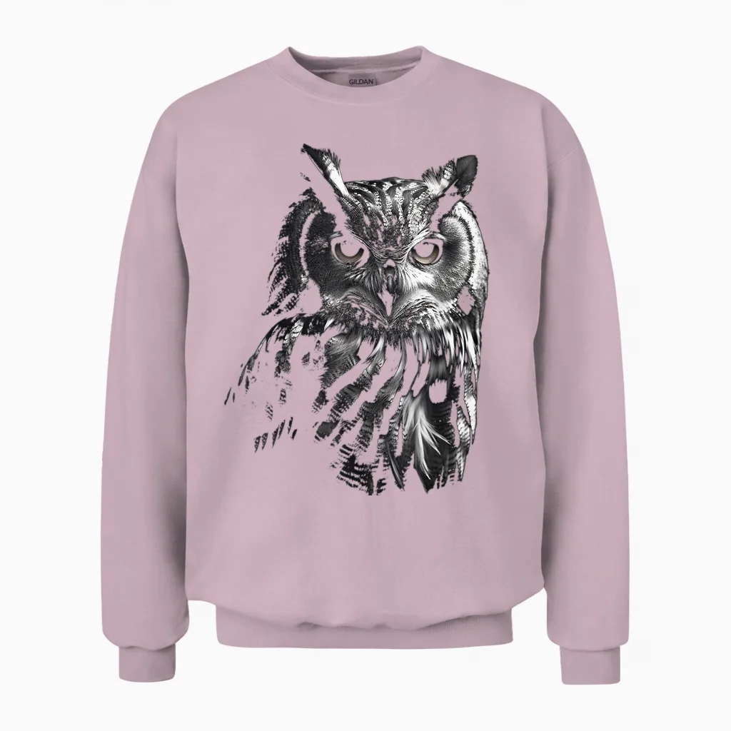 Owl Artwork - Bird Art Animal Owl T-Shirt, Black Unisex Sweatshirt in Light Pink