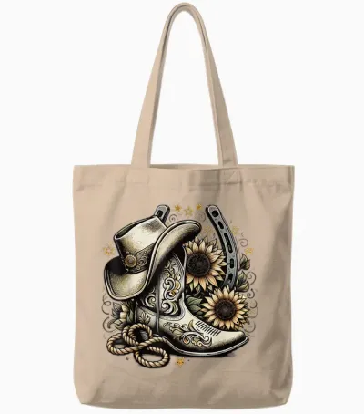 Western Cowboy Boot Horseshoe Shape Sunflower Rope Cowgirl Country T-Shirt, Black, S Tote Bags - Natural