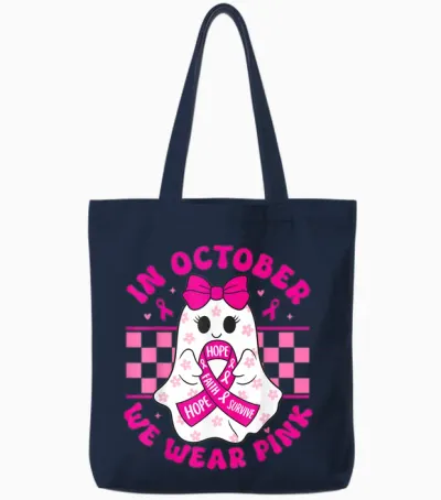 Spooky Halloween Ghost Pink Breast Cancer Awareness 2025 Tote Bags - Navy