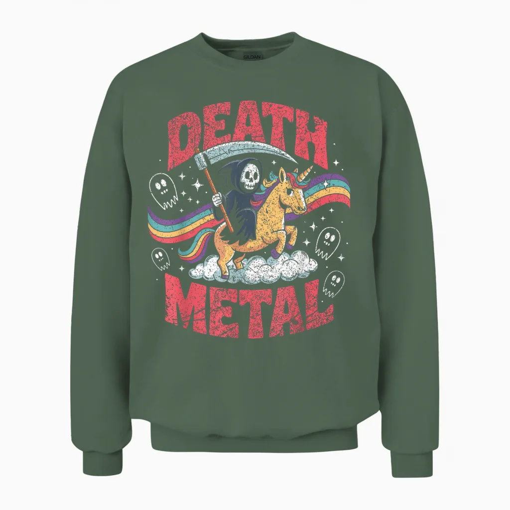 Death Metal Music Reaper Unicorn Rainbow Fun T-Shirt, Black, S Unisex Sweatshirt in Military Green