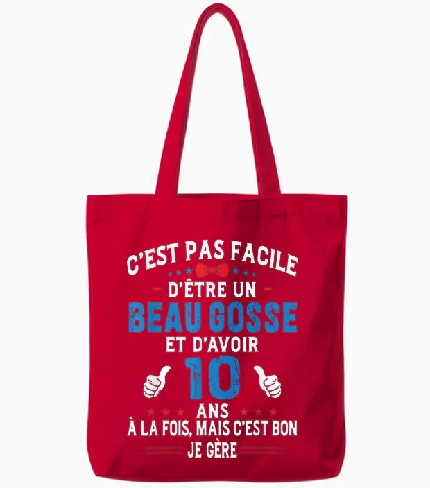 Beau Gosse Humour Original Birthday Gift Boy 10 Years T-Shirt, Black, S Tote Bags in Red