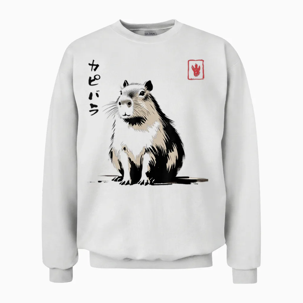 Kawaii Capybara Anime Japanese Streetwear Funny Capybara T-Shirt, White Unisex Sweatshirt in White