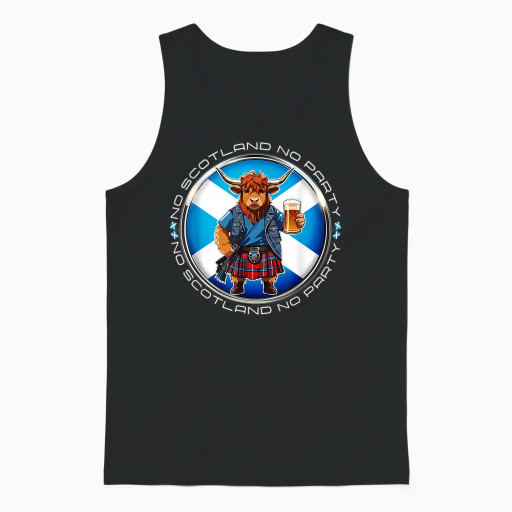 No Scotland No Party Scottish Pride Scotland Highland Cow Unisex Tank Top in Black