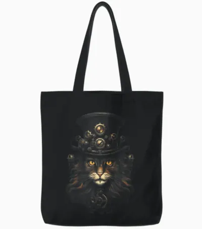 Steampunk Cat T-Shirt, Black Tote Bags - Black