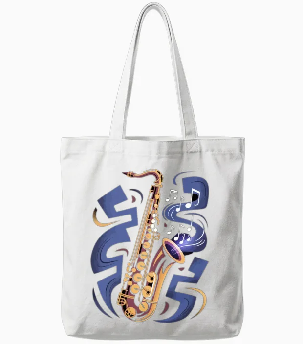 Saxophone with Musical Notes Tote Bags in White