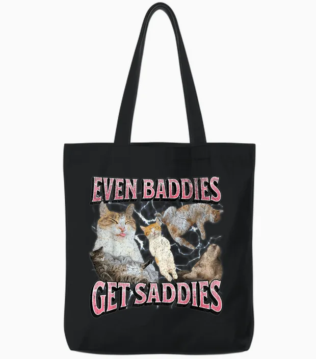 Even Baddies Get Saddies Funny Eepy Cat Meme Bootleg Graphic Tote Bags in Black