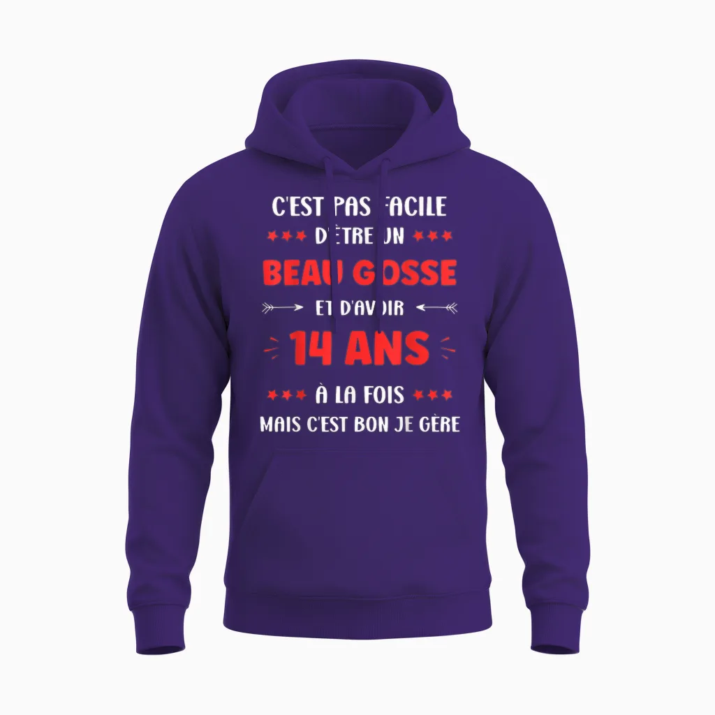 Humour Boy Teen 14 Years Old Handsome Kid Birthday 14 Years T-Shirt, Black, S Unisex Hoodie in Purple