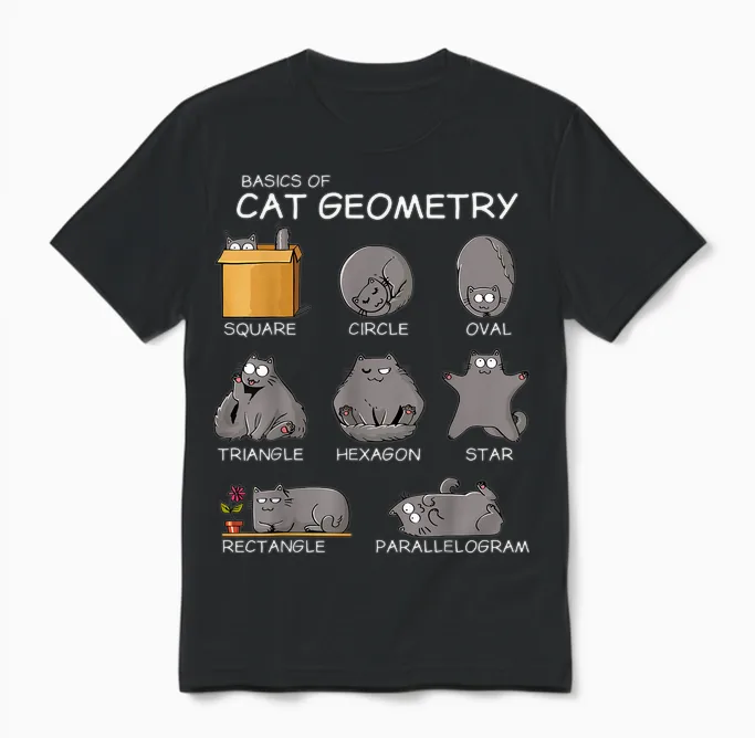 Cat Geometry Math Funny Cat Gifts for Cat Dad, Cat Mom, Kids T-Shirt, Small, Black Unisex T-Shirt in Black