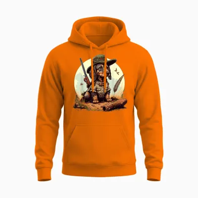 Dachshund Hunter on Dachshund Game Hunting T-Shirt, Black Unisex Hoodie - Safety Orange