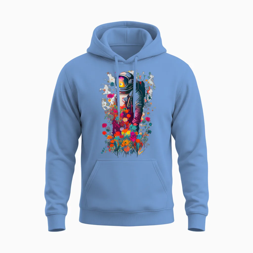 Astronaut Surrounded by Colorful Flowers Unisex Hoodie in Carolina Blue