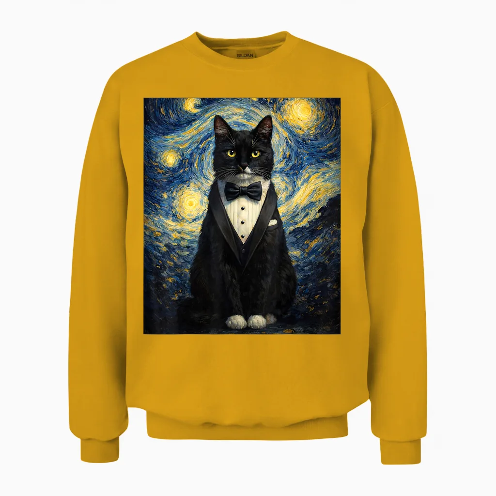 Tuxedo Cat Starry Night Van Gogh Inspired Painting Black Cat Unisex Sweatshirt in Gold