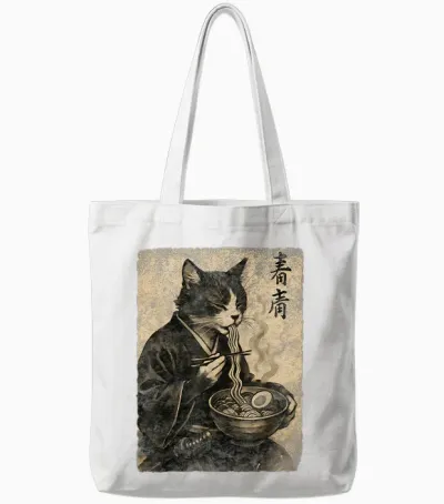 Cat Samurai Vintage Ramen Japanese Retro Art Anime Aesthetic Tote Bags - White