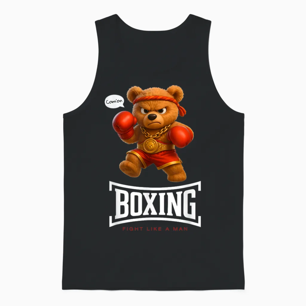 Cool Teddy Bear Man Boxing Fight Style Illustration Graphic Unisex Tank Top in Black