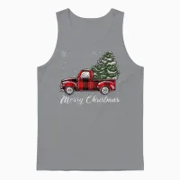 Christmas Tree Red Truck Pajama, Vintage Buffalo Plaid Truck Unisex Tank Top in Sport Grey - 1