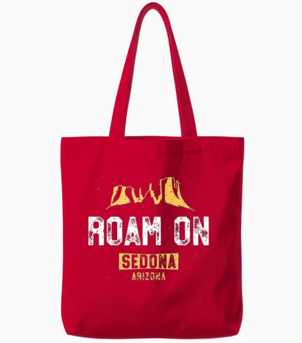Funny Sedona Roam on Arizona Hiking Tote Bags in Red