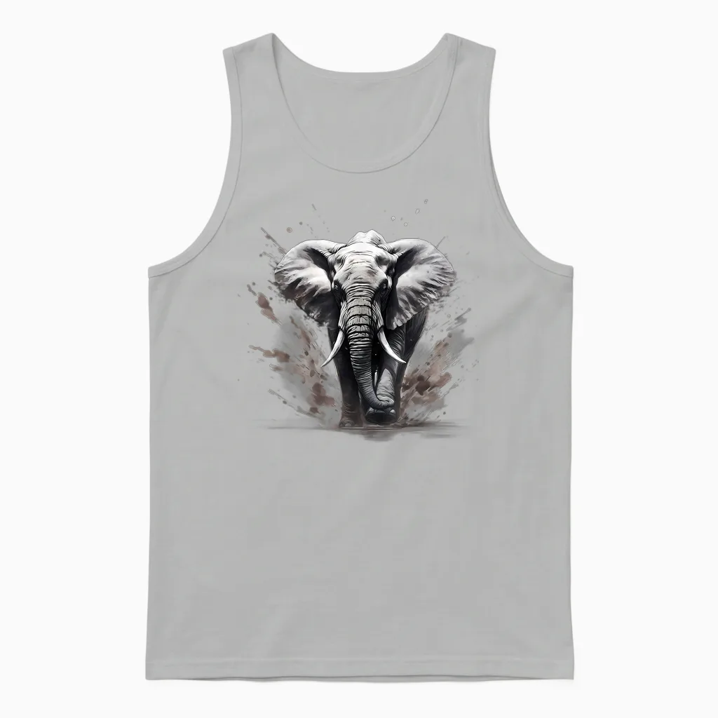 Elephant Drawing Motif Wildlife Splash Nature Animal Print T-Shirt, Black Unisex Tank Top in Ash
