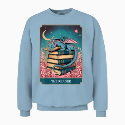 Tarot the Reader Mystic Book Dragon Moonlit Fantasy Art Unisex Sweatshirt - Light Blue