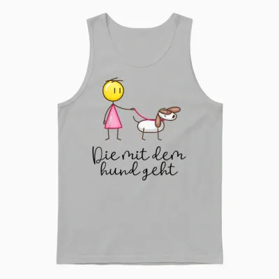 T-Shirt with German Text "die Mit Dem Hund Geht" ("die Mit Dem Hund Geht") Gift for F, White Unisex Tank Top - Ash