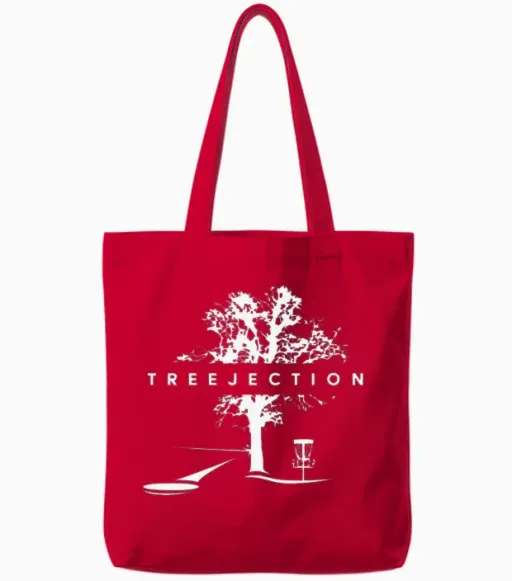 Treejection Disc Golf Funny Disc Golf Player Appar Tote Bags in Red