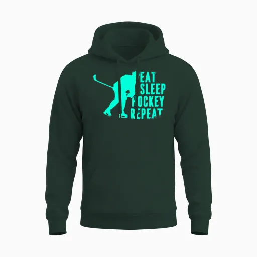 Hockey Saying Hockey Eat Sleep Repeat Funny Unisex Hoodie in Forest