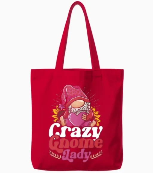 Garden Gnome Crazy Gnome Lady Tote Bags in Red