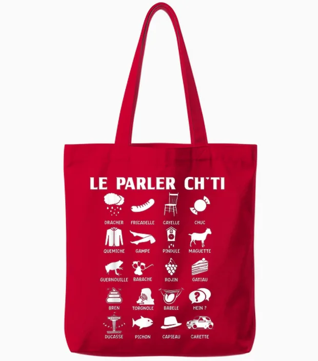 Humor Ch'ti Patois Vocabulary Expression Gift Region T-Shirt, Black, S Tote Bags in Red