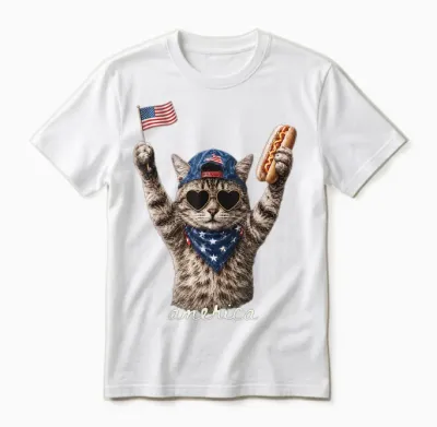 Retro Funny America Cat Hot Dog Lovers Patriotic Us Unisex T-Shirt - White