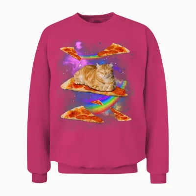 Funny Galaxy Cat in Space, Cat Riding Pizza Unisex Sweatshirt - Heliconia