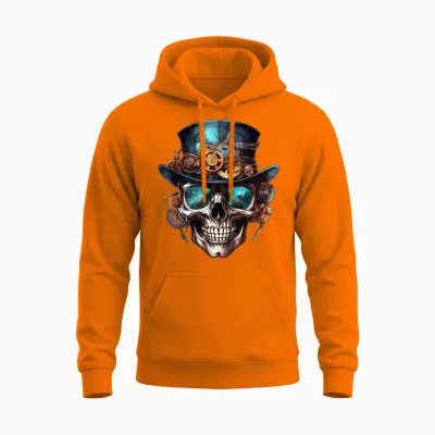 Steampunk Totenkopf Hut Zylinder Mechanik Zahnrad Cyborg Unisex Hoodie - Safety Orange