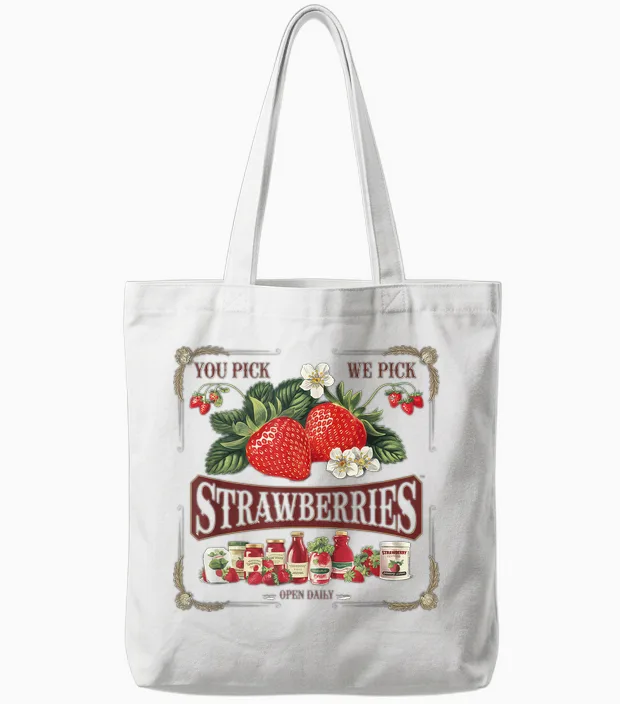 Erdbeeren Tshirt Farm Fresh Vintage Erdbeerbauern Tote Bags in White