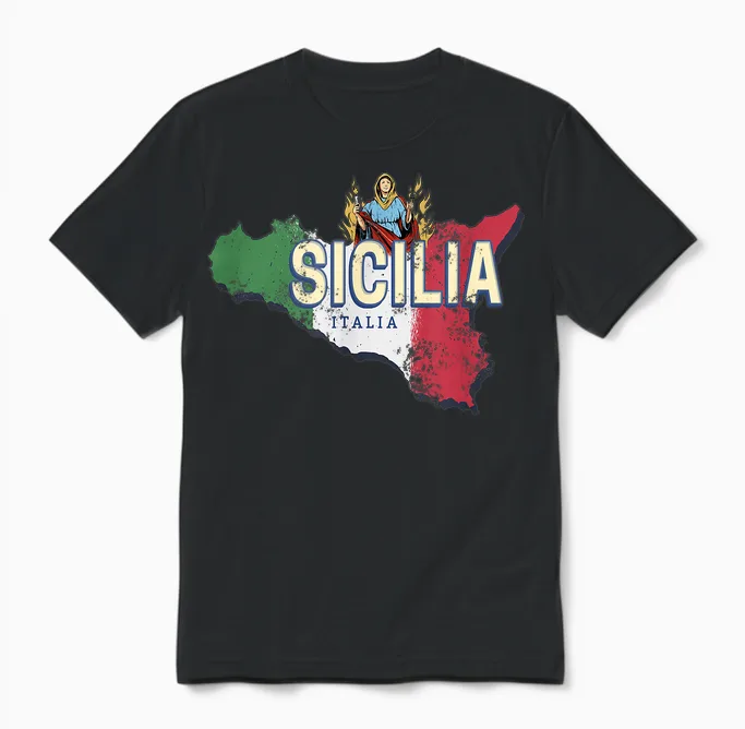 Sicile Et Drapeau Italie Carte Région Rétro Souvenir Vintage Unisex T-Shirt in Black