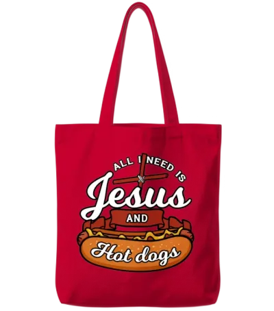 All I Need Is Jesus and Hot Dogs Tote Bags - Red