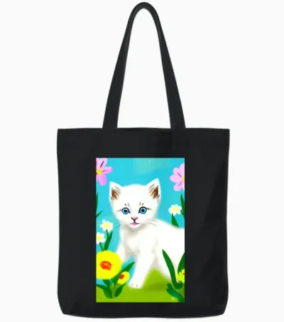Cute White Kitten Tote Bags - Black