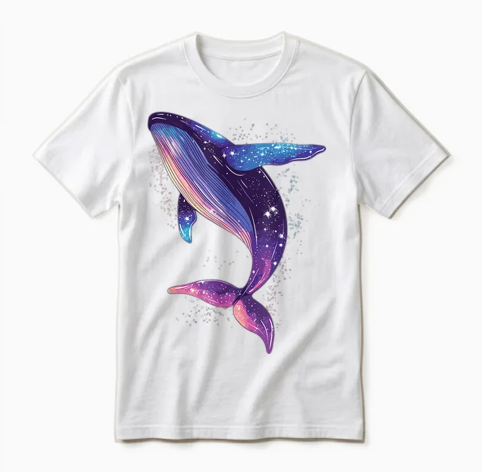 Colorful Whale in the Starry Sky T-Shirt, Black, S Unisex T-Shirt in White