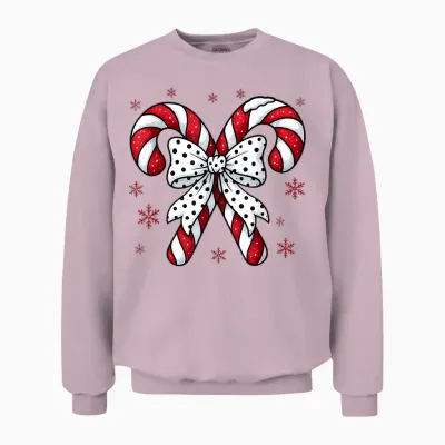 Candy Cane Christmas Season Girls Womens Retro Coquette Bow Unisex Sweatshirt - Light Pink