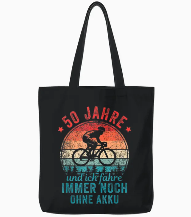 50 Jahre Und Ich Fahre Immer Noch Ohne Akku Fahrradfahrer Tote Bags in Black