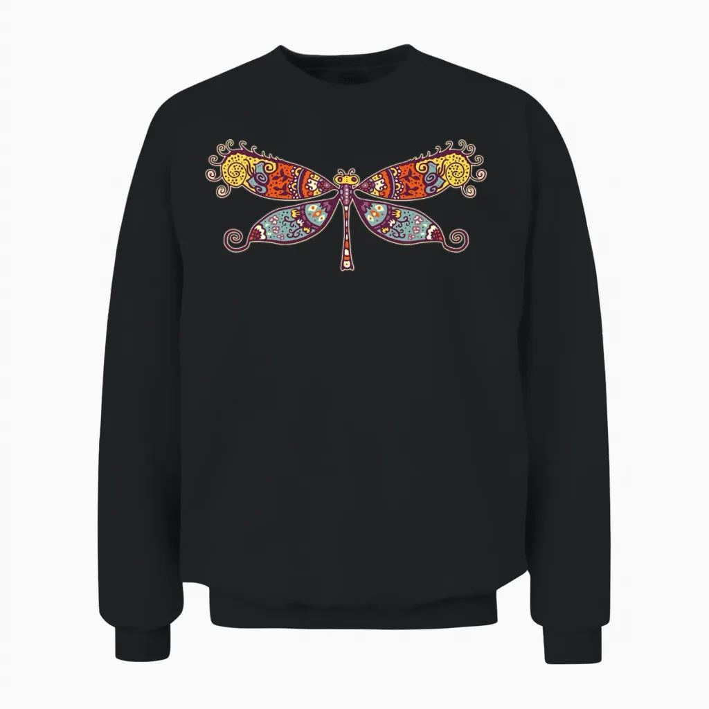 Womens Colorful Retro Dragonfly Unisex Sweatshirt - Black