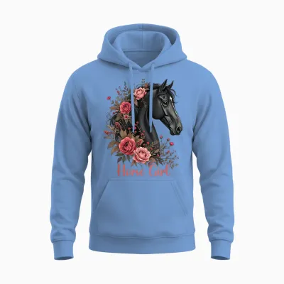 Black Horse Rappe Cute Motif Girls Stable and Riding Unisex Hoodie - Carolina Blue